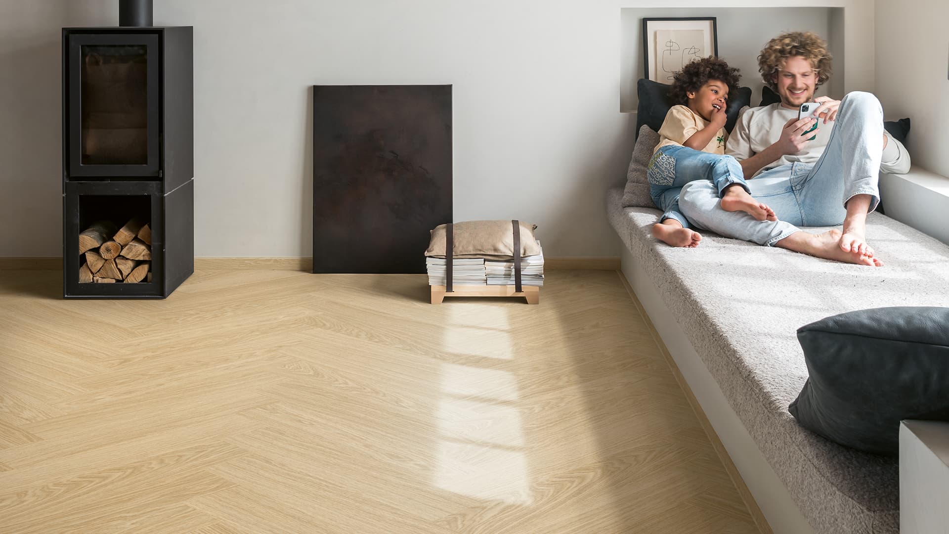 Easy-to-install vinyl herringbone flooring in living room
